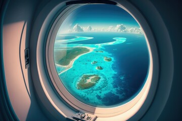 Airplane window close up, Looking at tropical island through airplane window, Generative AI