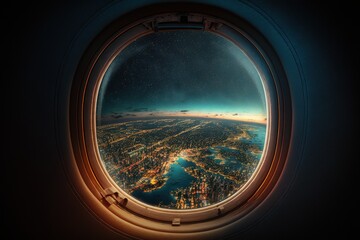 Airplane window close up, Looking at the city through the airplane window, Generative AI