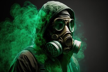 Man with gas mask and green toxic smoke, Generative AI