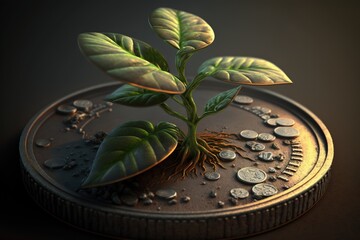 Plant growing on top of coin, investment growth concept, Generative AI