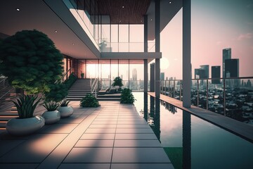 Luxury apartment terrace with pool and city view, luxury penthouse, Generative AI