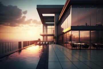 Fototapeta premium Luxury apartment terrace with pool and city view, luxury penthouse, Generative AI