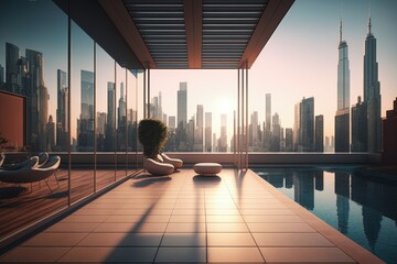 Fototapeta premium Luxury apartment terrace with pool and city view, luxury penthouse, Generative AI