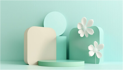 Minimal Scene with Podium Flower and Abstract Background Pastel Blue and Green Colors Scene Trendy for Social Media Banners Promotion Cosmetic Product Show Geometric Shapes Interior Illustration