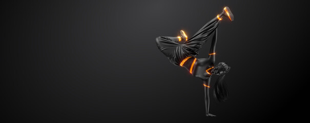 Abstract silhouette of a young hip-hop dancer, breake dancing woman isolated on black background.