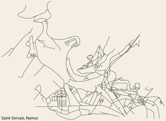 Detailed hand-drawn navigational urban street roads map of the SAINT-SERVAIS DISTRICT of the Belgian city of NAMUR, Belgium with vivid road lines and name tag on solid background