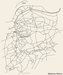 Detailed hand-drawn navigational urban street roads map of the MALONNE DISTRICT of the Belgian city of NAMUR, Belgium with vivid road lines and name tag on solid background