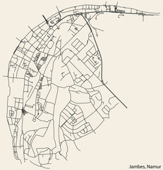 Fototapeta na wymiar Detailed hand-drawn navigational urban street roads map of the JAMBES DISTRICT of the Belgian city of NAMUR, Belgium with vivid road lines and name tag on solid background