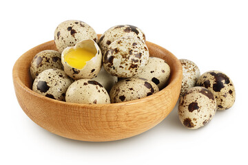 Raw quail egg in wooden bowl isolated on white background with full depth of field