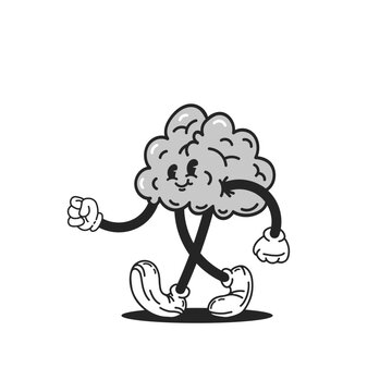 Cute brain cartoon character walking, retro mascot vector illustration, isolated on white background, perfect for education, kids designs and stickers.
