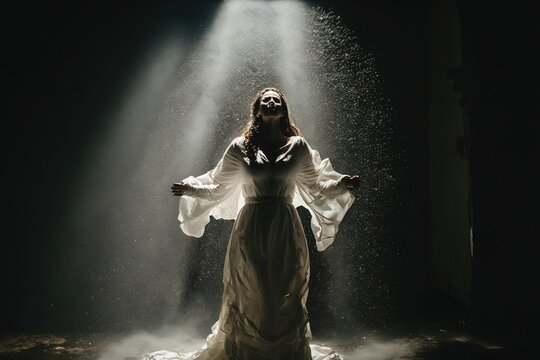 A portrait of a woman in a white dress creates a mesmerizing image with light coming from the top