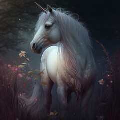 Fototapeta na wymiar White unicorn in the forest. AI generated