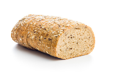 Sliced whole grain bread. Tasty wholegrain pastry with seeds isolated on white background.