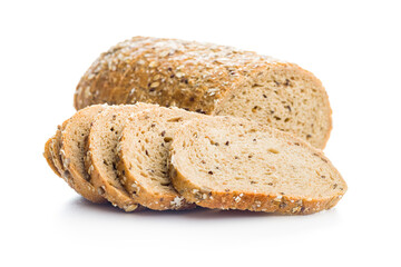 Sliced whole grain bread. Tasty wholegrain pastry with seeds isolated on white background.