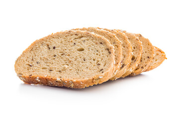 Sliced whole grain bread. Tasty wholegrain pastry with seeds isolated on white background.