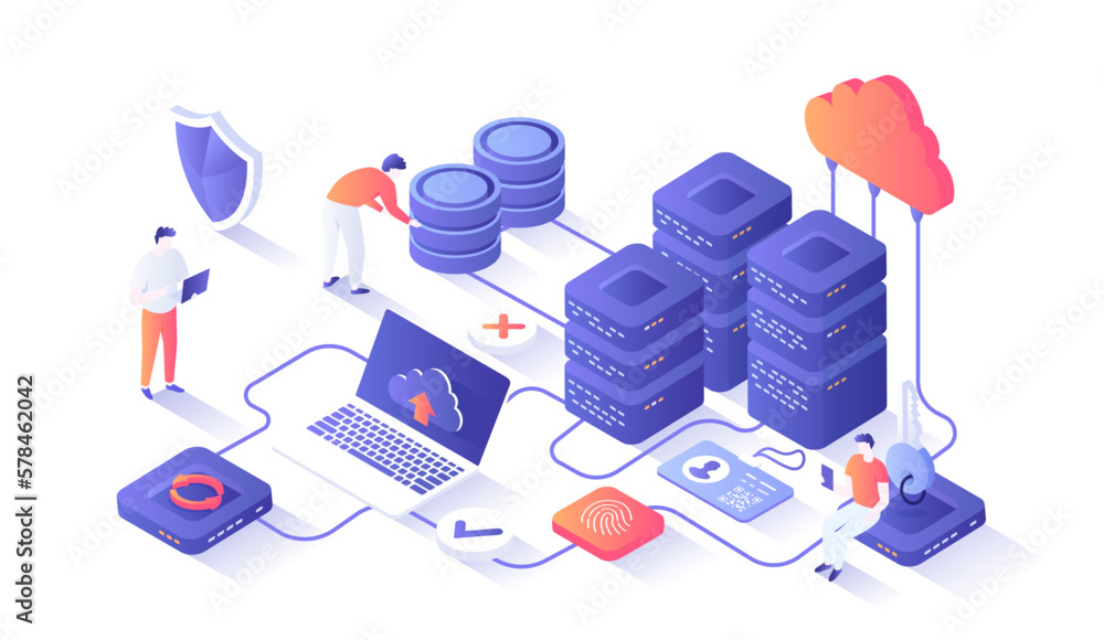 Poster web hosting, сloud computing storage, database, network connection. hosting servers, computer, cloud