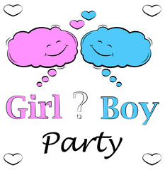 Gender reveal party invitation template. Girl or boy. Cartoon character cloud.