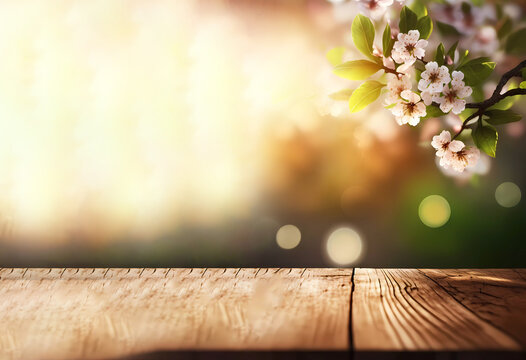 Sakura. wooden background for your products. Banner. Copyright. generative AI
