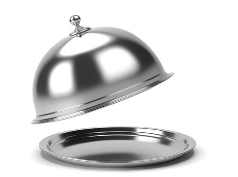 Silver Tray with Cloche Ready to Serve Isolated on White Background Service Restaurant Horeca and First Class Service Concept - Post-processed Generative AI