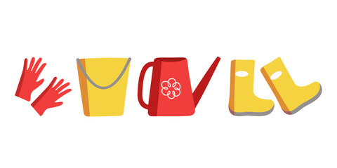  Clothing and shoes.   Tools and equipment for garden work.  Birthday fruit trees.  Work clothes. Bucket, watering can, gloves and rubber boots. Vector illustration. 