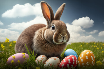 easter, rabbit on the lawn, colored eggs