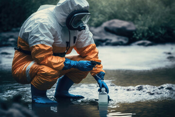 Protecting our Waterways: A Scientist Collecting Samples from a River in a Protective Suit. Generative ai - obrazy, fototapety, plakaty