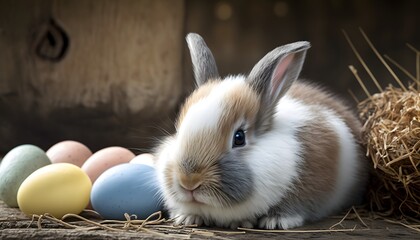 Cute Easter bunny with the eggs , funny Easter rabbit near the colorful eggs.  AI generated.