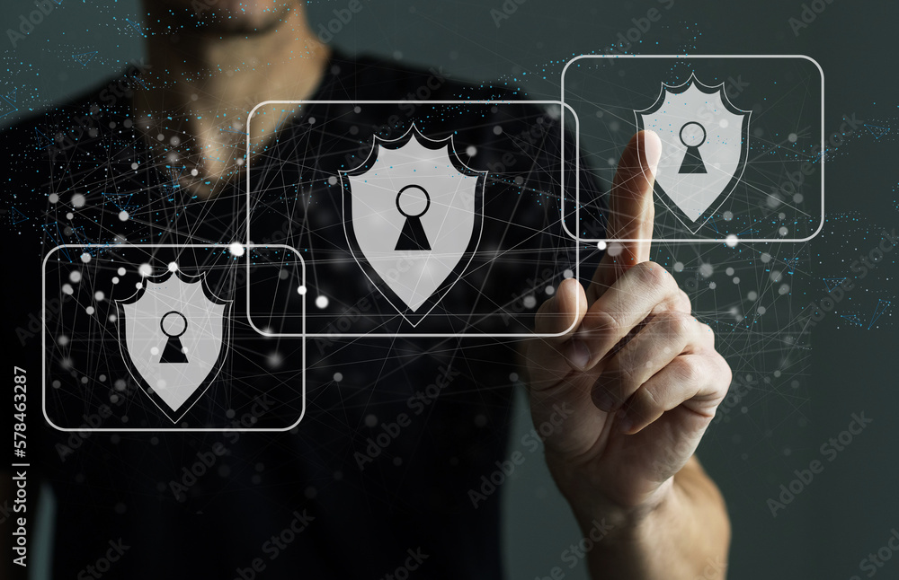 Poster cyber security and futuristic technology concept businessman using finger to touch fingerprint inter