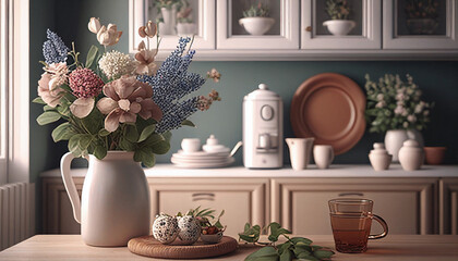 Rustic yet refined cream kitchen interior with lovely floral arrangements. Generative Ai