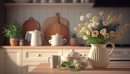 Spring-inspired cream kitchen interior with elegant furniture and floral accents. Generative Ai