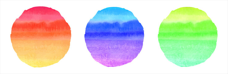 Colorful watercolor gradient circles set, collection. Aquarelle stains bright hand drawn painted backgrounds, round text frames. Uneven artistic deckled edge. Striped watercolour stains.