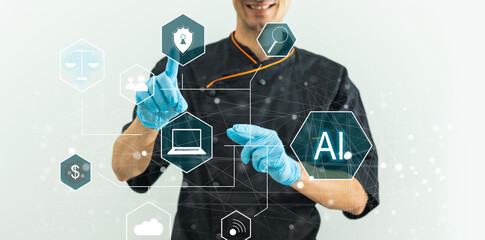 Doctor in futuristic medical concept pressing button.