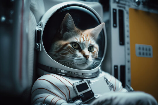 Image of a cat in a spacesuit on spaceship. Head to chest portrait of a cat in an astronaut's helmet sitting in spaceship pilot chair. Conceptual art of a cat space traveler. Generative AI.