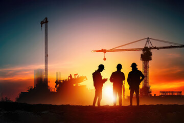 Building the Future: Survey Engineer and Construction Team at Work with Industrial Background and Light Flare Generative Ai
