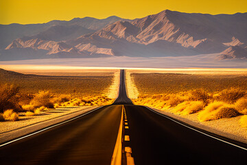 Road through Death Valley, California, USA, Death Valley National Park. Asphalt road. Empty along road, trip on Highway 190. Way in desert. Ai Generated Illustration.