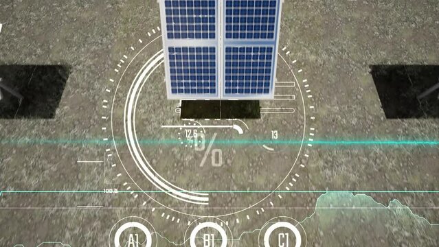 3d render aerial drone view of Solar Panels farm with hud interface graph animation graphics of flowing energy lines. Alternative Green Energy Concept. Future city technology video