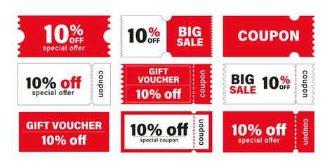 Discount coupon. coupon set, 10% off discount coupon, special offer, big sale, gift voucher, special coupon red vector illustration - obrazy, fototapety, plakaty