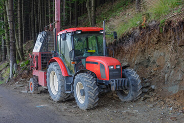 Tractor and forest cableway for timber concentration uphill, downhill on beskid mountains.