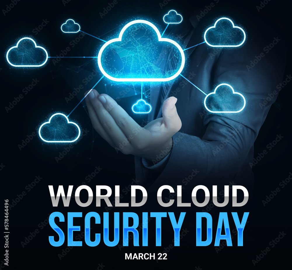 Aufkleber world cloud security day concept background with glowing clouds hovering over the hand. internationa