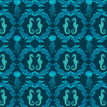 Ocean colorful Seahorses and Jellyfish seamless pattern, blue turquoise colors. Sea animals wallpaper damask style.
