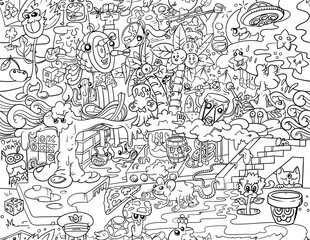 Doodle art which could be used as a coloring page, wallpaper for kids, black and white monochrome