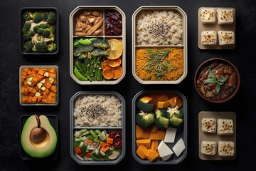 Overhead shot of vegan meal prep. Healthy eating, plant-based diet, nutrition, meal planning, cooking, balanced meals, environmental sustainability, mindfulness. High resolution. Generative AI