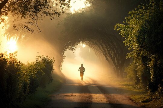 A Person Jogging In Nature In The Early Morning Hours. Fresh Air, Outdoor Exercise, Scenic Views, Nature, Physical Activity, Mental Clarity, Mood Boost. High Resolution. Generative AI