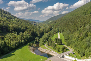 River Ostravice under Sance dam, water reservoir and dam in Beskid mountains. Czech Republic.