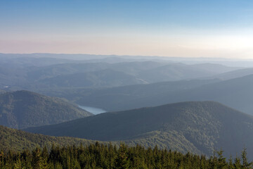 Sance dam, water reservoir and dam in Beskid mountains. Czech Republic. View of the landscape at ascent to Lysa hora.