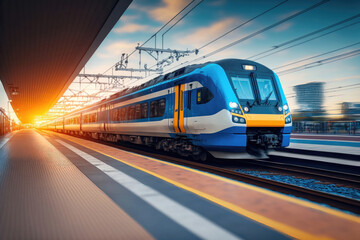 Obraz na płótnie Canvas Speeding into the Sunset: High Speed Train at the Railway Station. Generative Ai