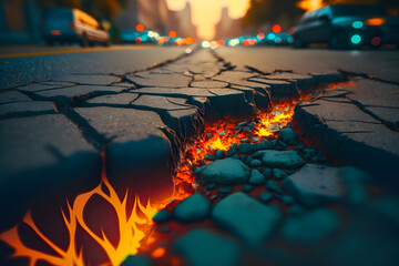 Large crack in the middle of a city street with red-hot lava at the bottom from the bowels of the earth, a volcanic eruption. Generative AI