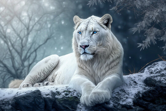 white lion in landscape, fluid, fractal  background, one colour concept, generative ai