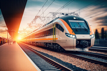 Naklejka premium Speeding into the Sunset: High Speed Train at the Railway Station. Generative Ai