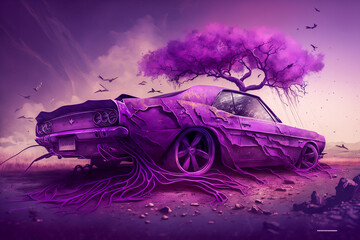 Obraz na płótnie Canvas abstract purple car and tree landscape background, one colour concept, generative ai